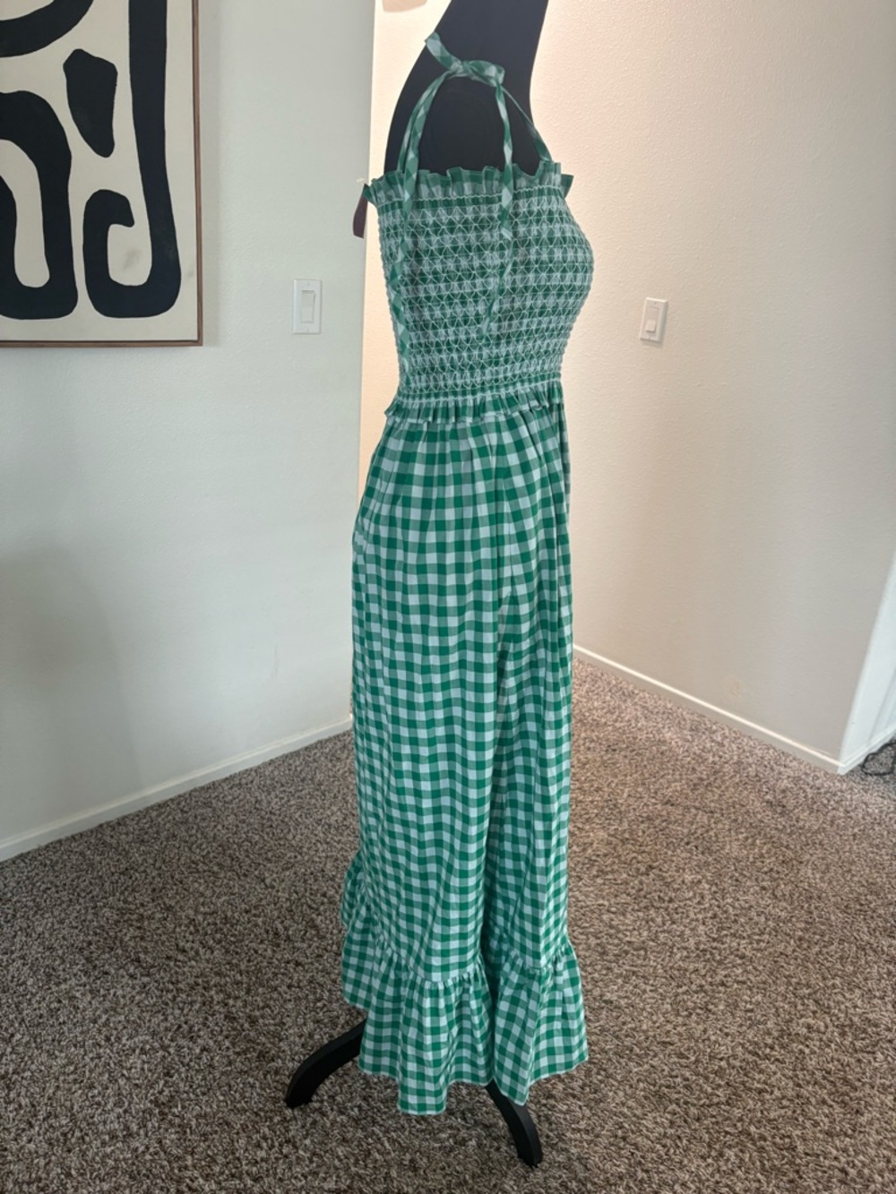 kate spade Green Gingham Smocked Maxi Dress with Tie Straps - Picture 4 of 8